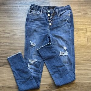 Judy Blue - Blue Distressed Women's, Button up, Skinny Fit, Jeans, 31-1/2” L